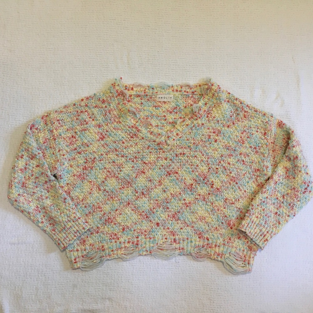 AMOLI‎ Knit Cropped V Neck Sweater Pastel Multi Color Frayed Hem Size S/M